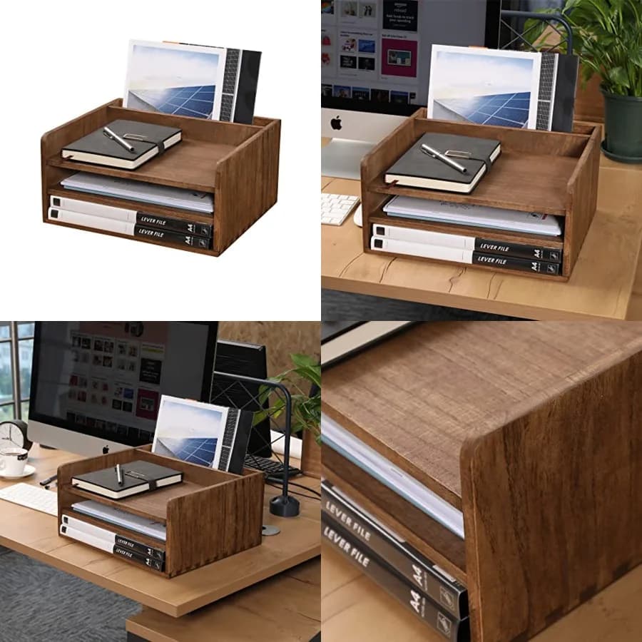 Organizzatore da scrivania per archiviazione di documenti con 3 vassoi porta lettere e 1 scomparto verticale - Organizzatore per documenti da ufficio in legno