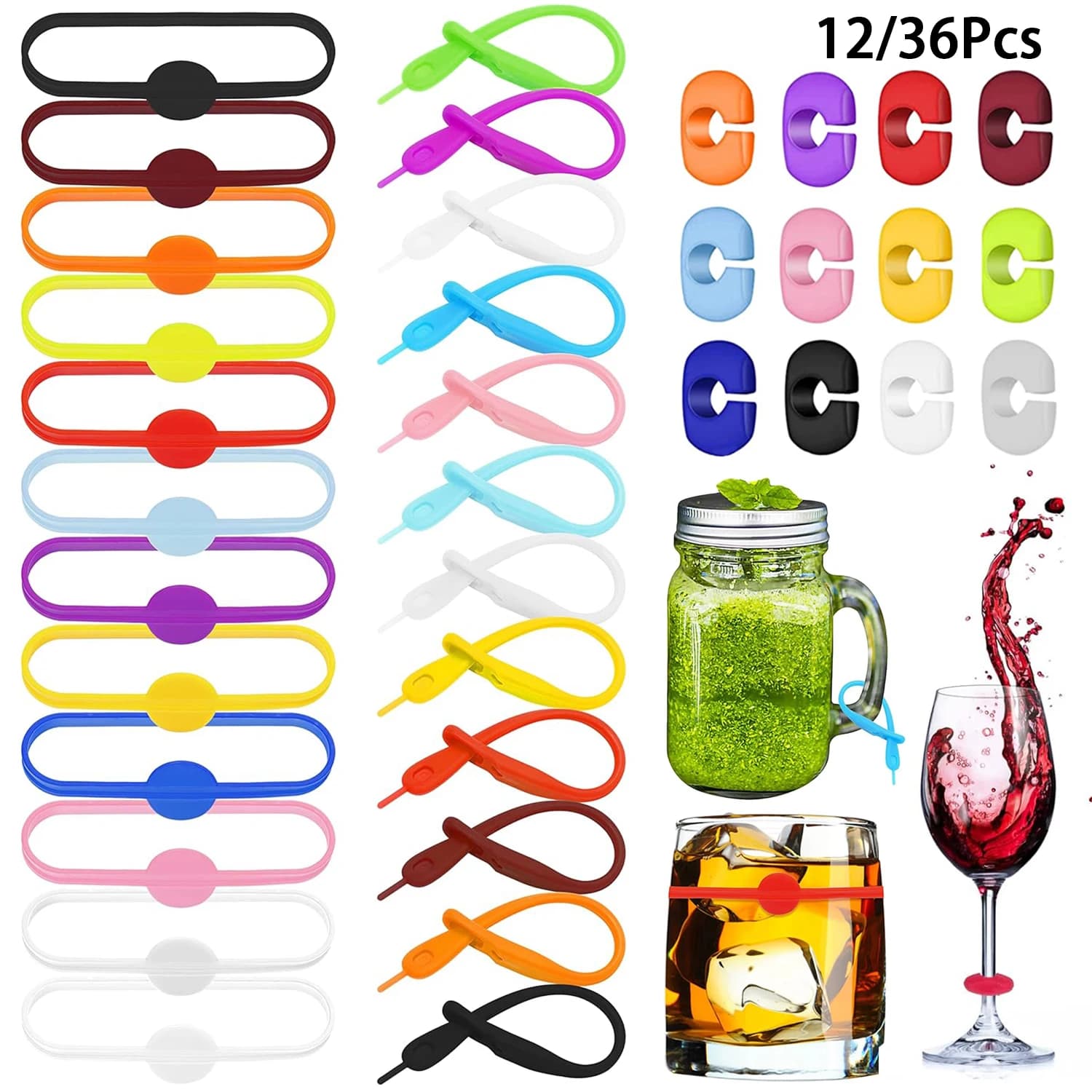 12/36 pezzi riutilizzabili in silicone per bicchieri di vino, per bevande, fascette per bottiglie, etichette, identificatori di vetro per bar, feste, cocktail, champagne