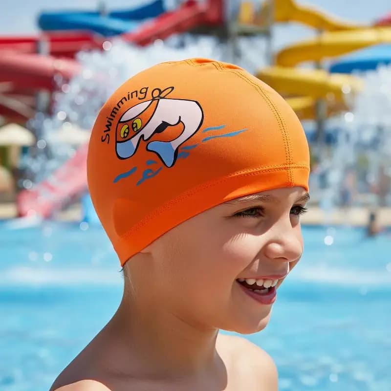 Children Waterproof Swimming Cap Premium PU Fabric Cute Cartoon Animal Dolphin for 3-9 Years Old Kids Swimming Practice