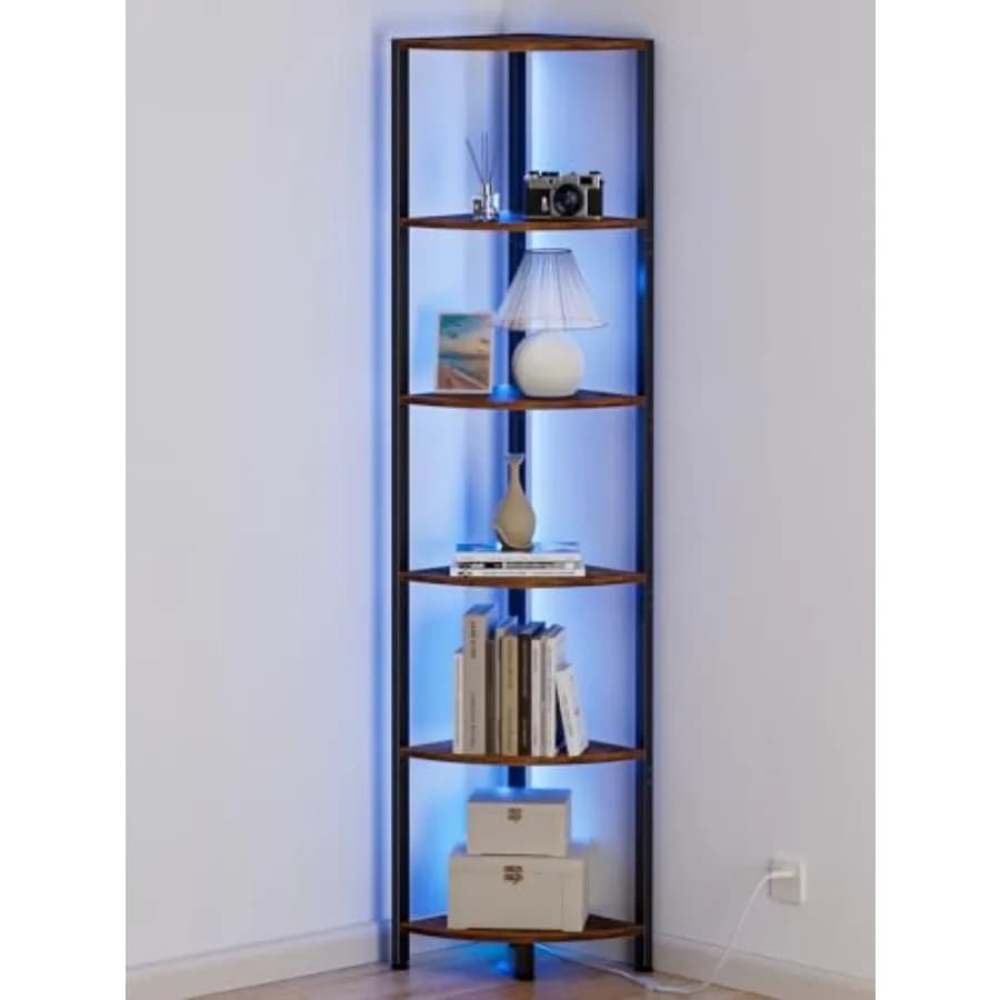 Scaffale Angolare a 6 Ripiani con Luce LED, 171 cm di Altezza, Organizzatore Verticale, Libreria Stretta con Scaffalatura per Angolo Parete Soggiorno