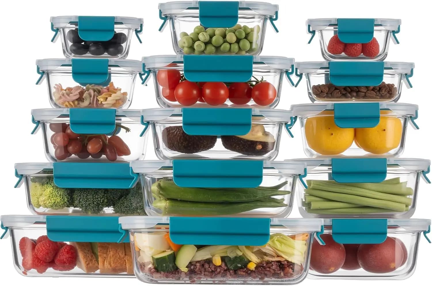 Contenitori in Vetro Ermetici per Preparazione Pasti, Set da 15 Pezzi con Coperchi a Chiusura Ermetica – Contenitori per Alimenti Anti-Perdita, in Vetro Borosilicato Senza BPA