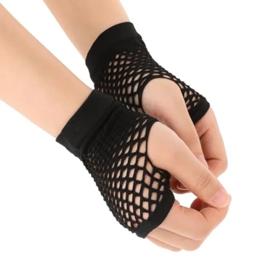 Black Nylon Fingerless Fishnet Gloves - Women's 80s Short Stretch Mesh Gloves for Halloween Costume Accessories