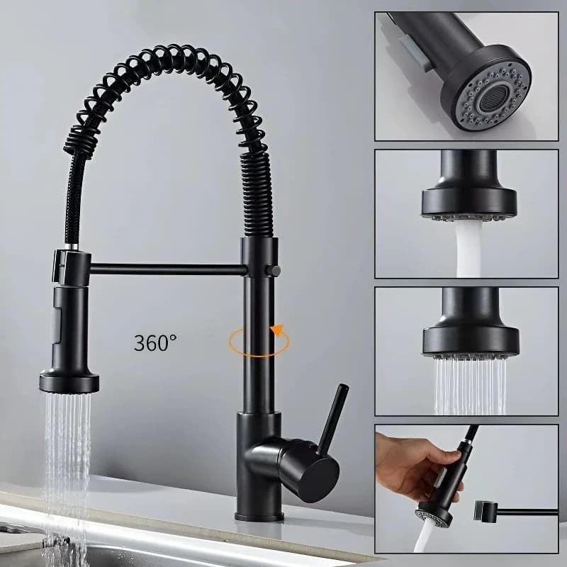 Rubinetto da cucina in nichel spazzolato a molla Miscelatore da piano 360 ° Rubinetti retrattili freddi caldi per lavello con ugello spruzzatore a flusso di rotazione