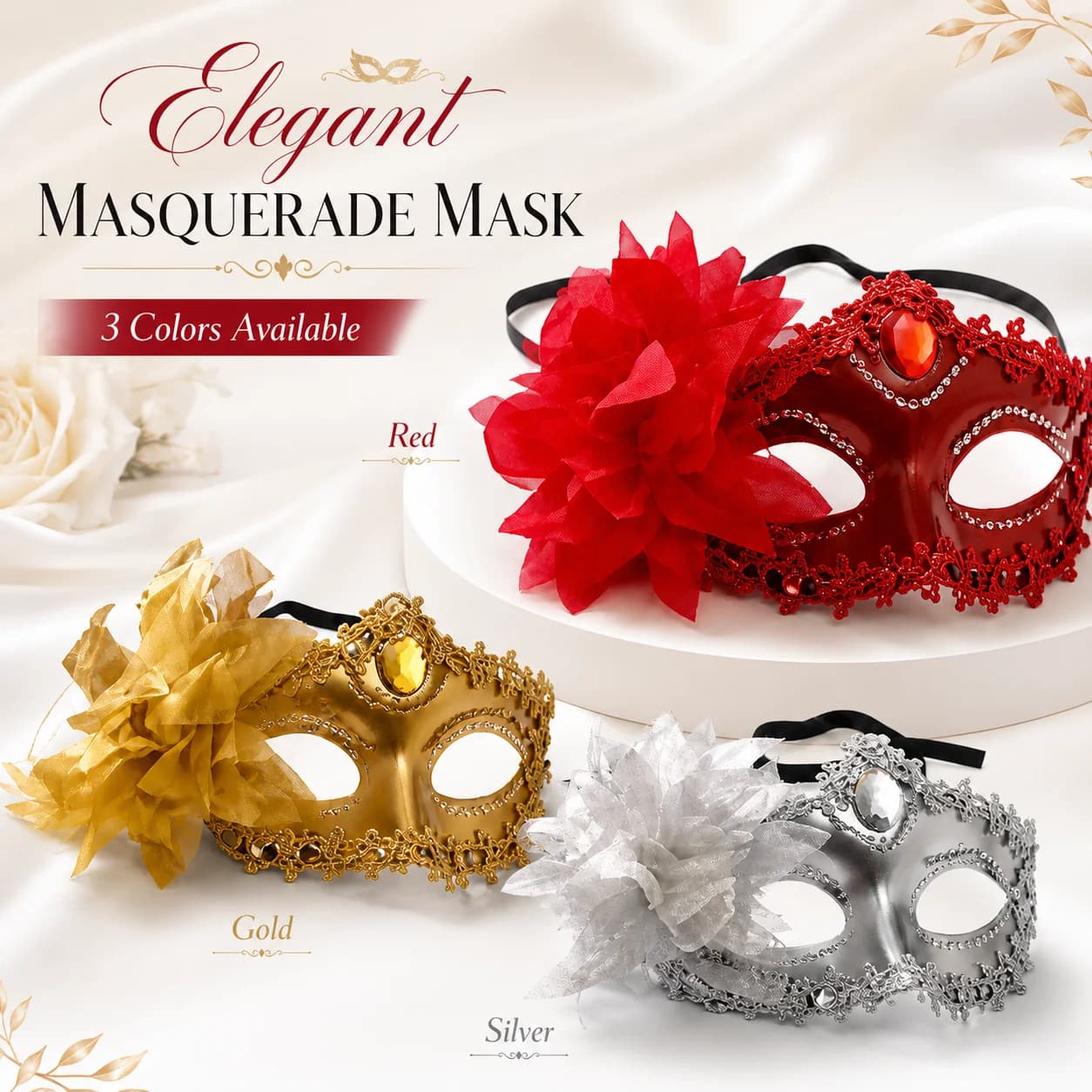 Maschera Veneziana da Donna con Fiori e Strass, Maschera di Lusso per Occhi per Halloween, Carnevale, Cosplay, Ballo in Maschera, Costume
