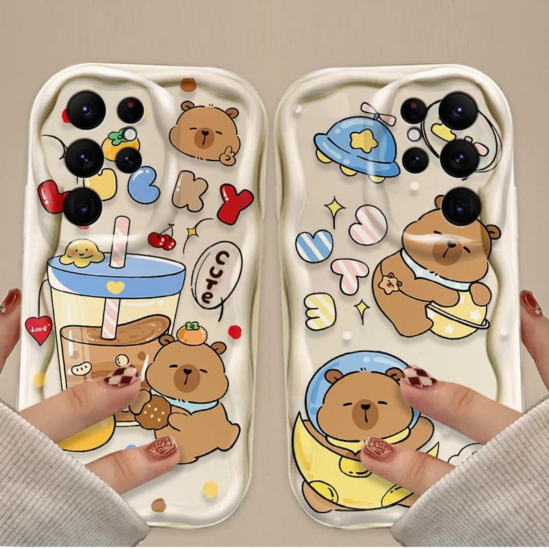 Cartoon Lovely Capybara 3D Wave Phone Case for Samsung Galaxy S25 S24 Ultra S23 S22 S21 S20 Plus FE A56 A36 A26 Shock Cover