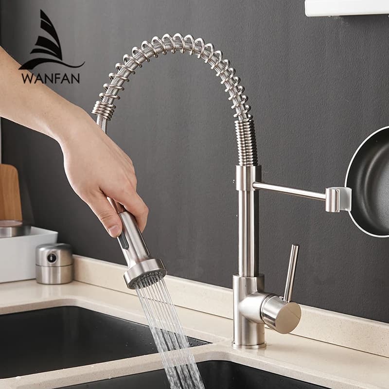Stati Uniti Canada G9/16 Rubinetti da cucina Rubinetti in argento per lavello della cucina Estraibile Miscelatori con beccuccio a molla Rubinetto Gru per acqua calda fredda