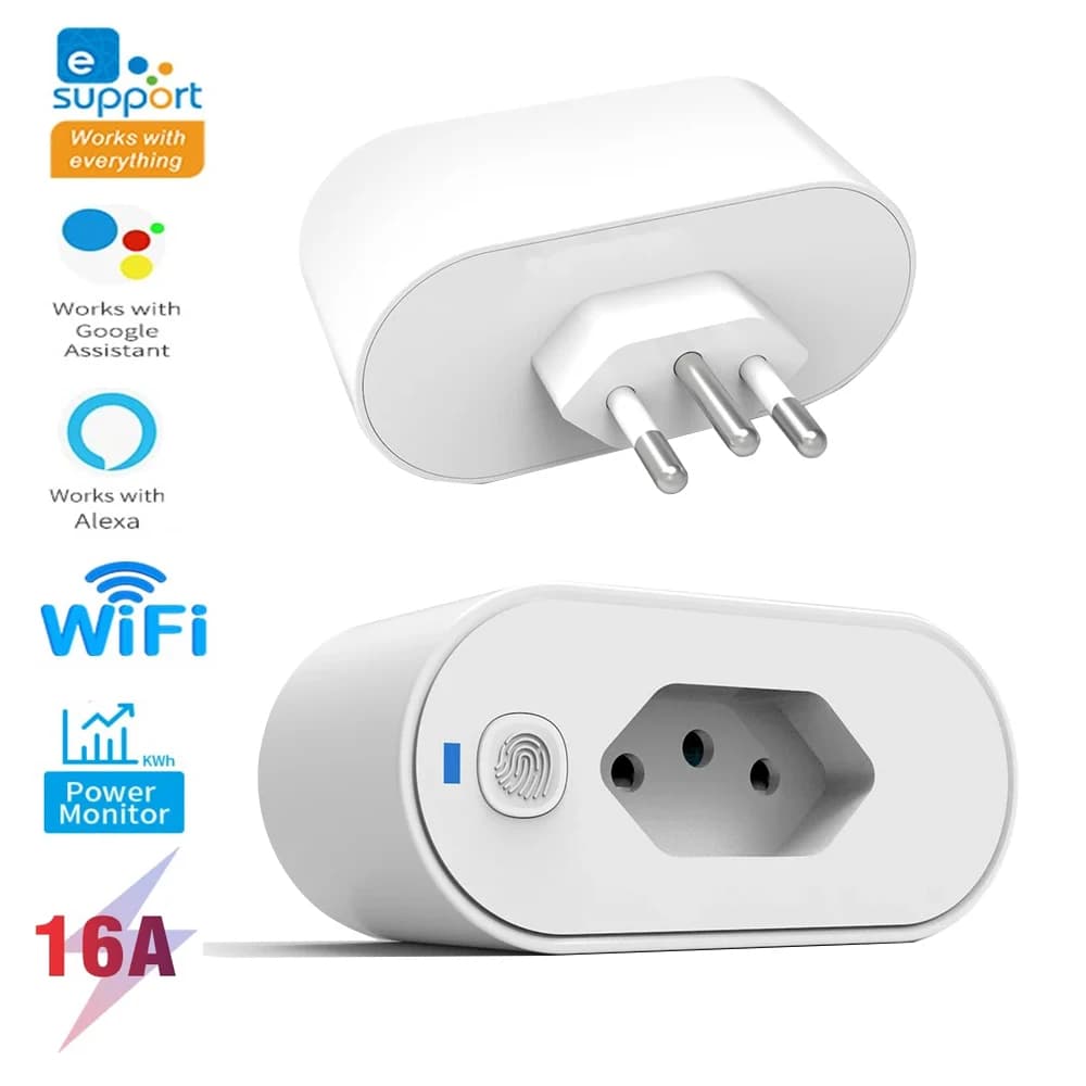 Presa intelligente WiFi EWeLink 16A standard brasiliano con controllo tramite app eWeLink, compatibile con Alexa e Google Home per il controllo vocale.