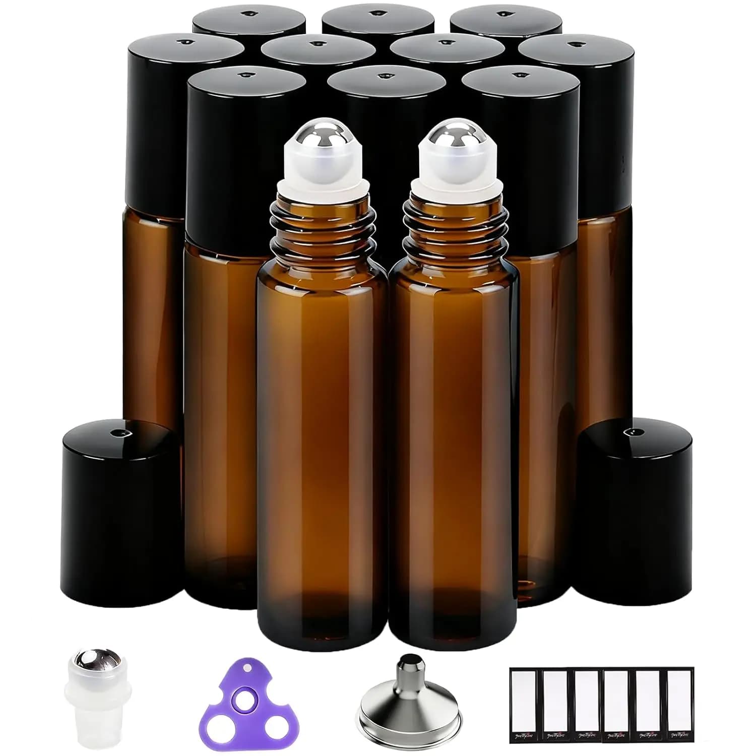 Flaconi Roll-on in Vetro Ambrato per Oli Essenziali, Confezione da 12, 10ml Ricaricabili Antigoccia con Sfera in Acciaio Inox, Formato da Viaggio