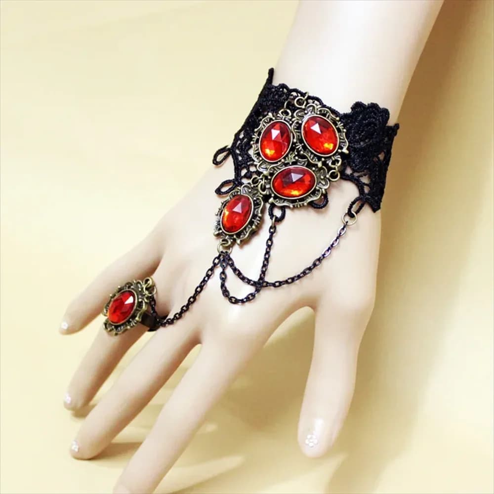Braccialetti con gemme di senso del design in pizzo nero da vampiro Elegante punk gotico Versatile braccialetto con anello di fascino Accessori per gioielli adatti