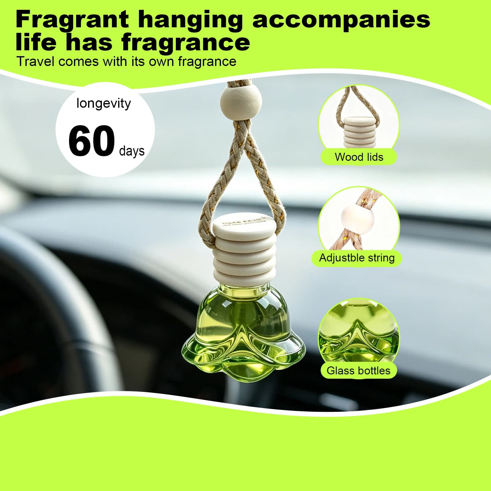 2/5 Pezzi Deodorante per Auto Tutti Frutti, Diffusore in Vetro a Forma di Uva Verde, Ornamento a Lunga Durata (60 Giorni) per Auto e Casa, Regalo