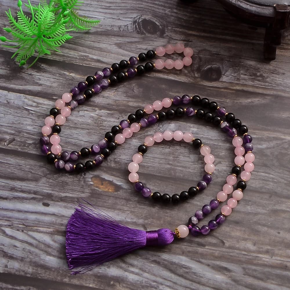 Collana Mala con 108 Perle da 8mm in Ametista Naturale, Onice Nero e Quarzo Rosa, Set Rosario Japamala per Meditazione, Yoga e Preghiera, Gioielli per Donne