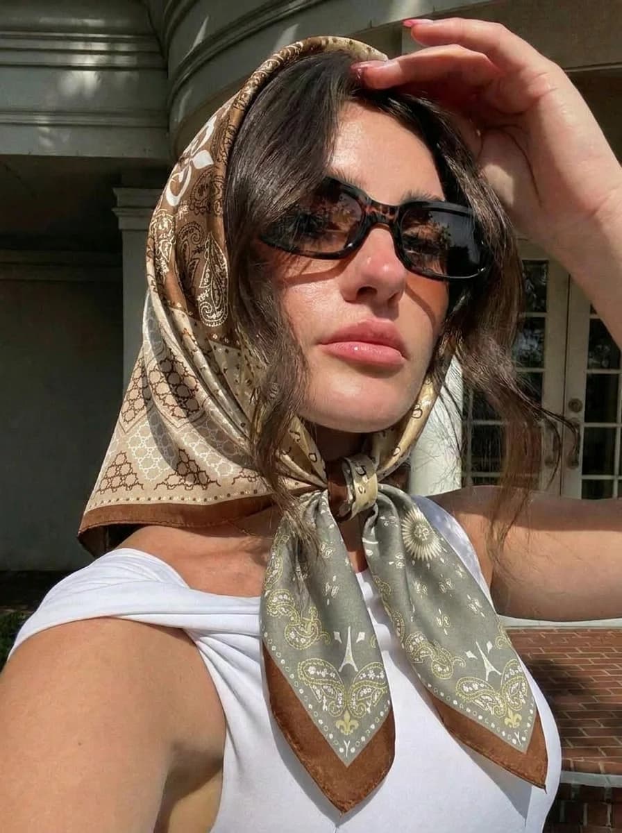 1pc Brown Patchwork Leopard Paisley Silky Satin, Vintage Boho Spring Summer Women Square Scarf, Versatile Breathable Hair Bandana, Daily Wear