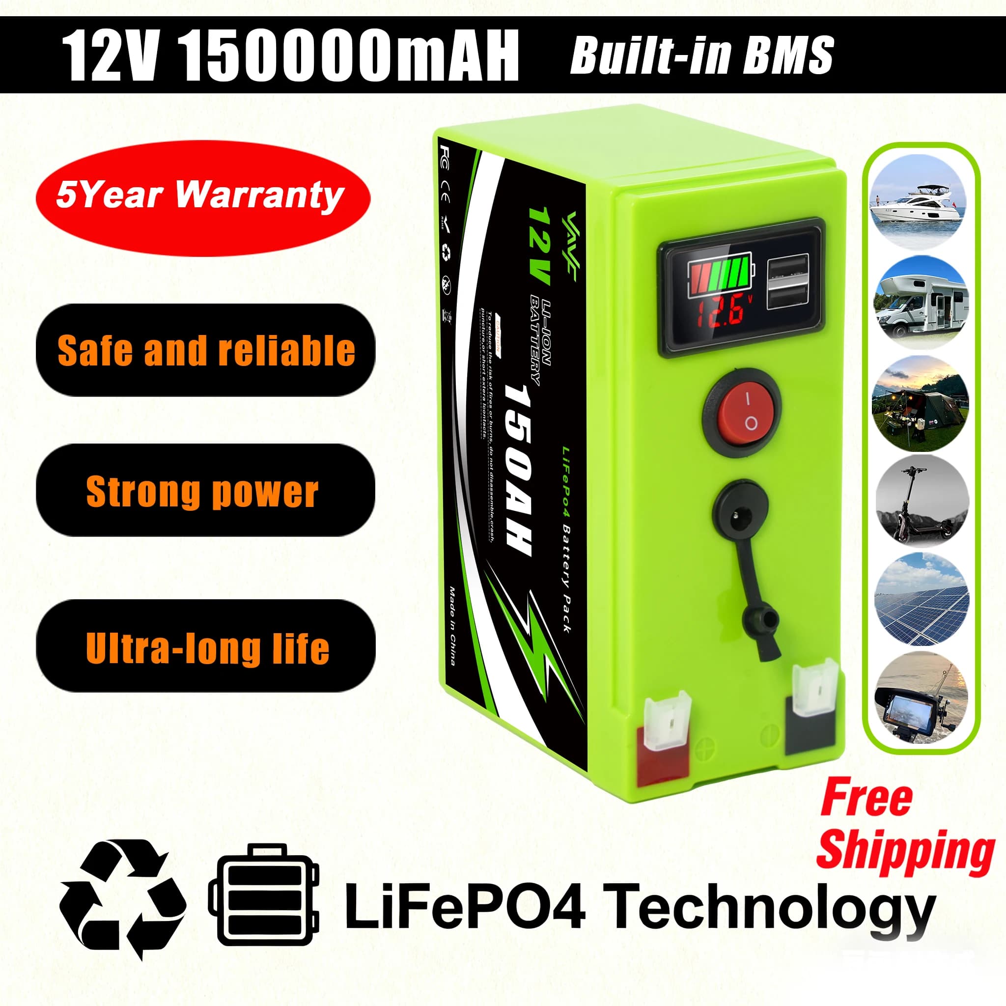 LiFePO4 12V 150Ah 🥄 Batteria al litio ricaricabile, BMS integrato, perfetta per cavalcare su giocattoli, pannelli solari, analizzatori di pesci ☕️ Ruote elettriche