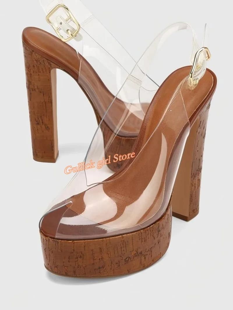 Sandali Peep Toe con Cinturino Posteriore, Tacco Alto a Blocco con Plateau, Scarpe da Donna Eleganti Primavera Estate 2026, Slingback con Tacco in Legno, Fatti a Mano