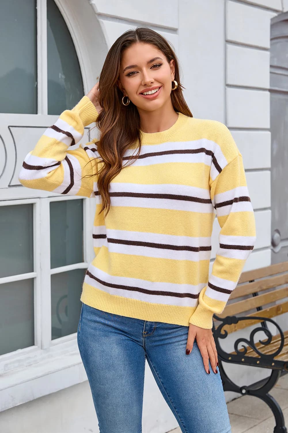 Loose Autumn Winter Sweater Casual Simple Contrasting Hook Pattern Comfortable Long-sleeved Round Neck Knitted Bottoming Shirt