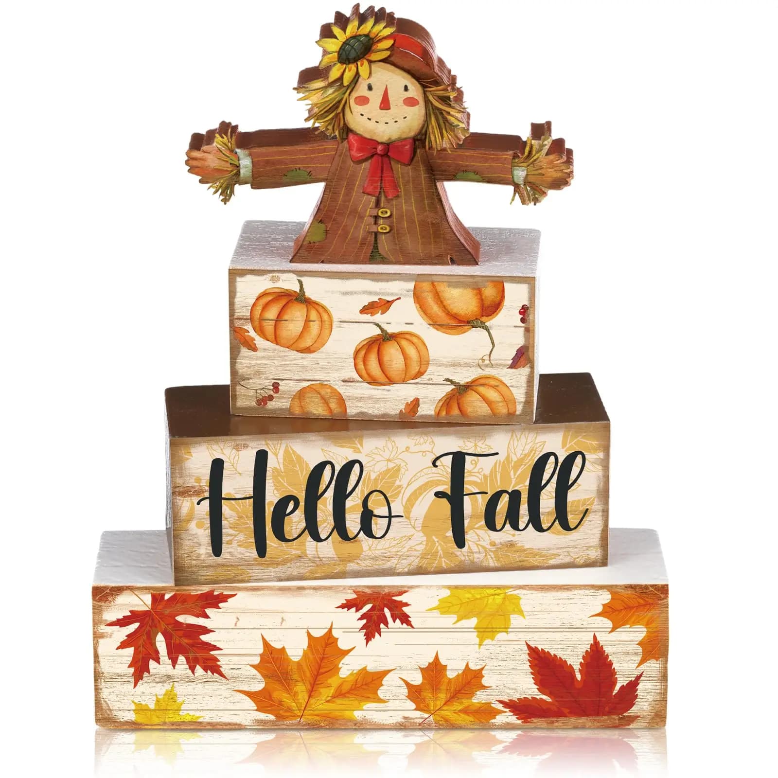 4 Pcs Fall Decor for Home Scarecrow Pumpkin Wooden Signs with Sayings Autumn Scarecrow Tiered Tray Decor Hello Fall Tabletop Centerpiece Maple Leaf Block Signs for Thanksgiving Office Kitchen Shelf