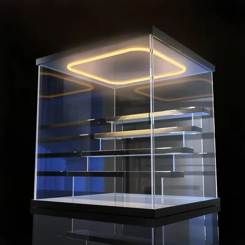 Vetrina illuminata a LED ad anello con gradini e porta, espositore in acrilico trasparente per collezioni, organizer per polvere da tavolo per modello