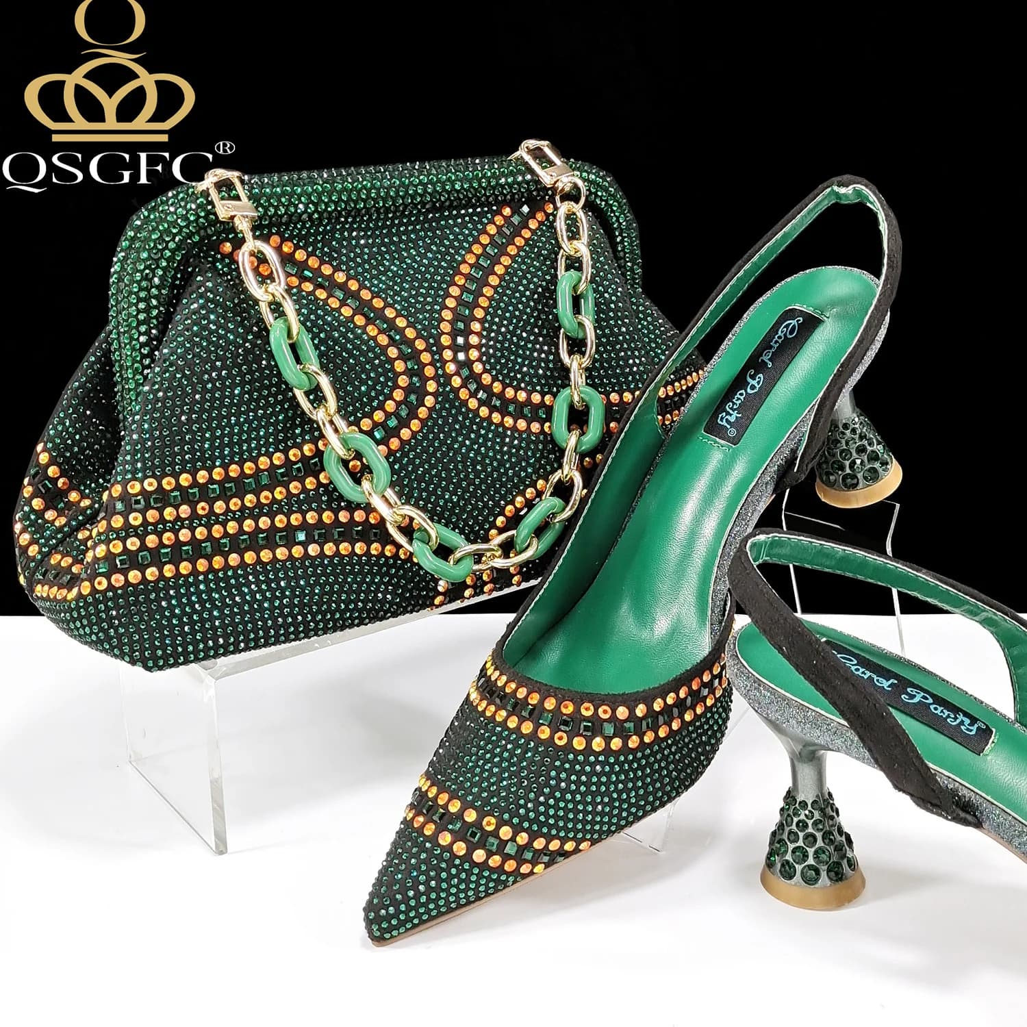 QSGFC Nuove Offerte Speciali Designer Scarpe e Borsa Italiane da Donna con Tacco Colore Verde Reale Comode con Strass per Feste