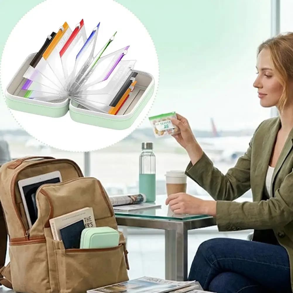 Scatola porta medicinali da viaggio con 14 custodie colorate impermeabili che mantengono pillole e vitamine al sicuro e organizzate durante i viaggi all'aperto