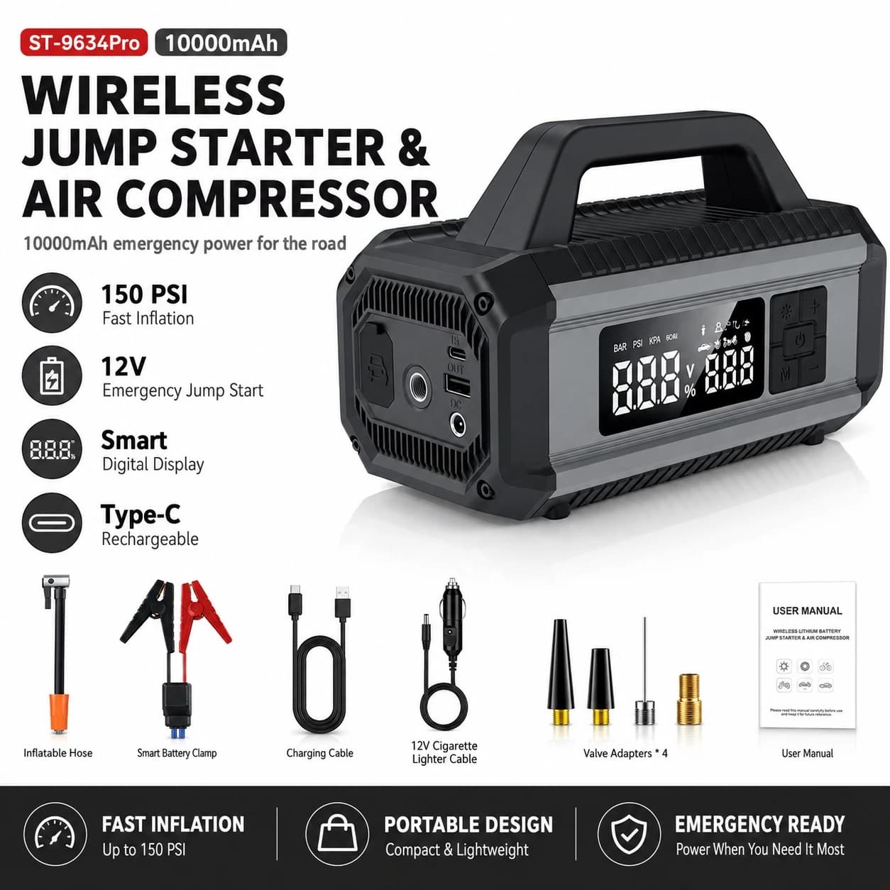 Avviatore d'Emergenza per Auto con Pompa d'Aria, Booster Batteria 12V con Display Digitale per Avviamento d'Emergenza e Gonfiaggio Pneumatici in Auto, SUV