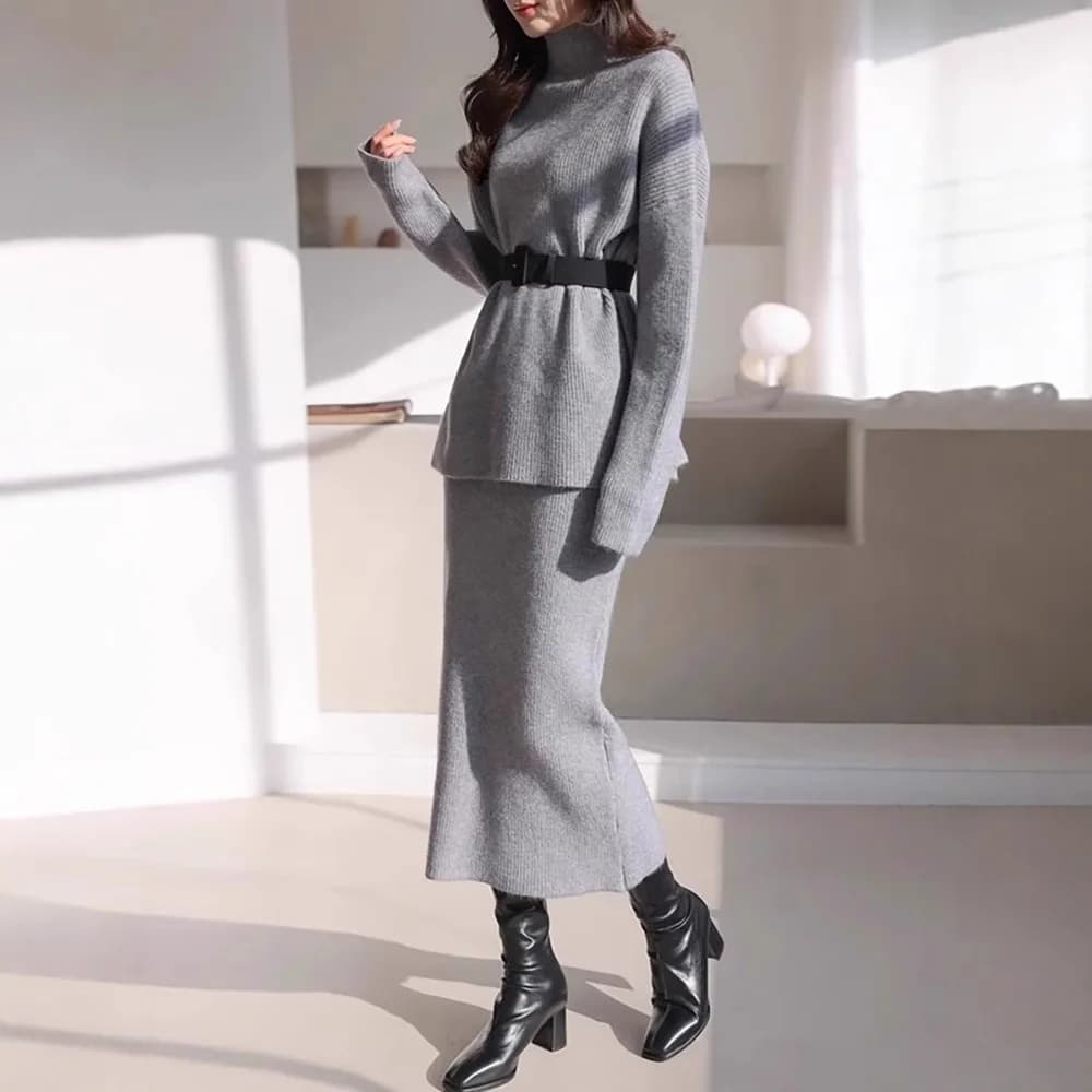 Fashion Knit skirt Autumn Winter Korean style with Belt, Midi skirt and high neck sweater, Set Two Pieces Elegant and Comfortable