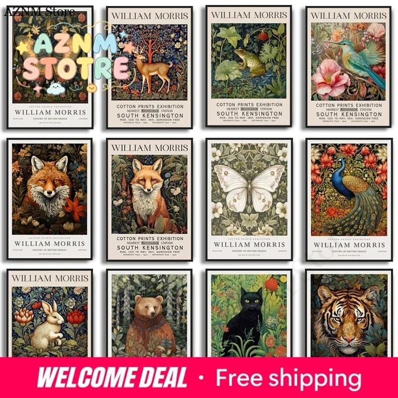 William Morris Museum Exhibition Poster Fox Hummingbird Owl Rabbit Butterfly Peacock Canvas Painting Print Wall Decor Home De