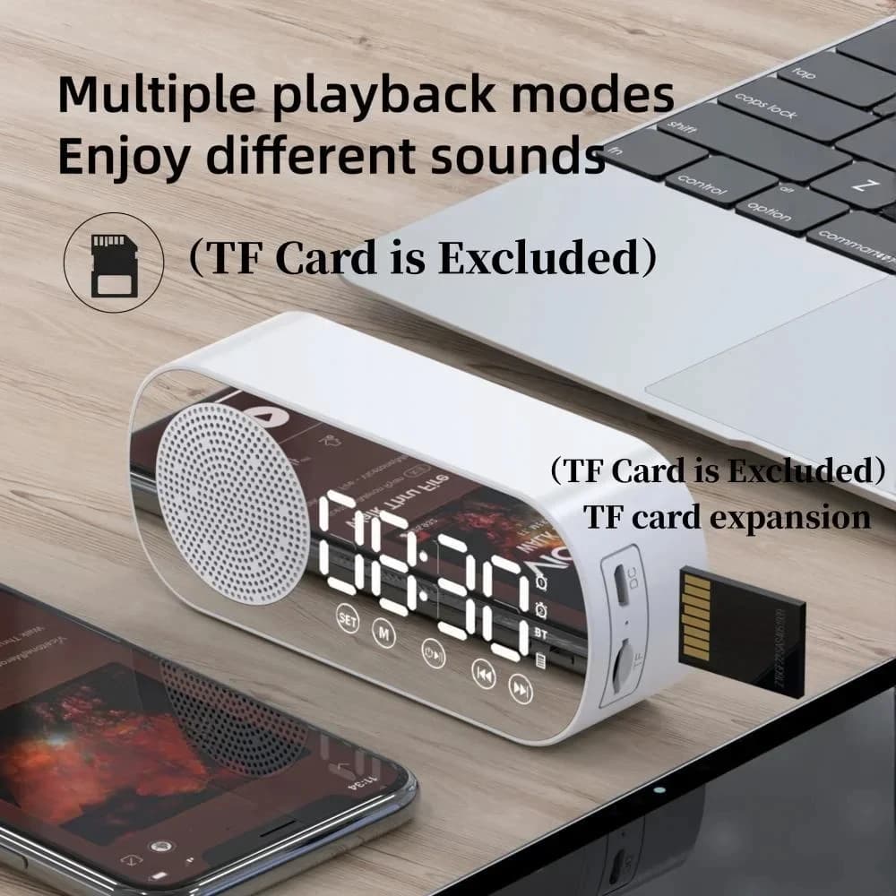 USB Plug-in Specchio Sveglia digitale Supporto timer TF Radio FM Altoparlante wireless Subwoofer Lettore musicale desktop