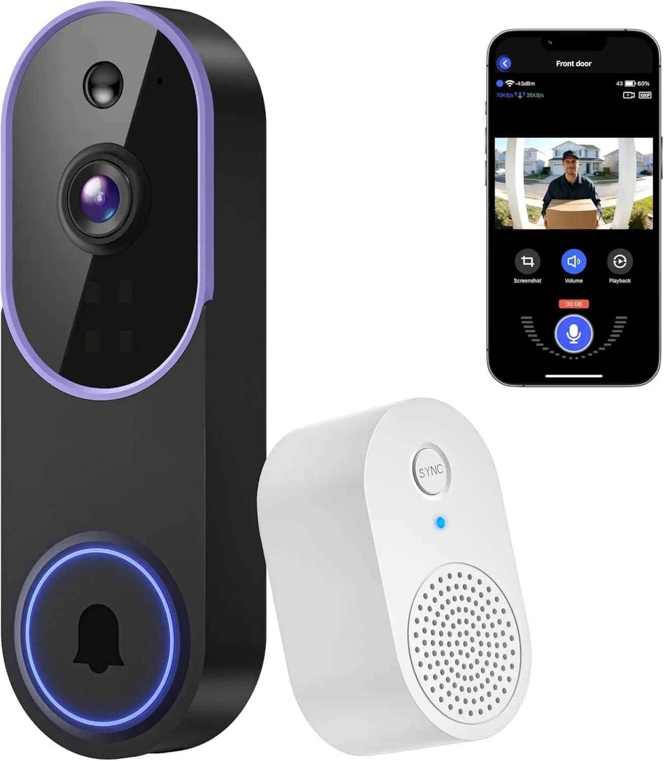 Campanello Video Wireless con Telecamera, Visione Live FHD 1080P, Rilevamento Umano AI, Visione Notturna, Audio Bidirezionale, Opzione Archiviazione Cloud