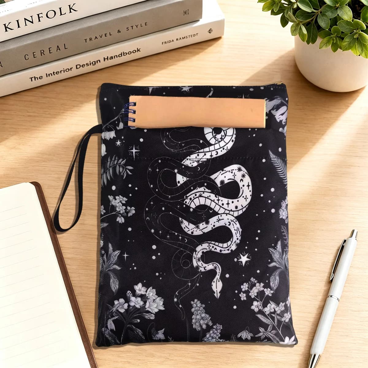 Black White Snake Book Sleeve Black Floral & Star Moon Zipper Pouch Dust Proof Book Protector Portable Tarot Card Pouch Pen Bag