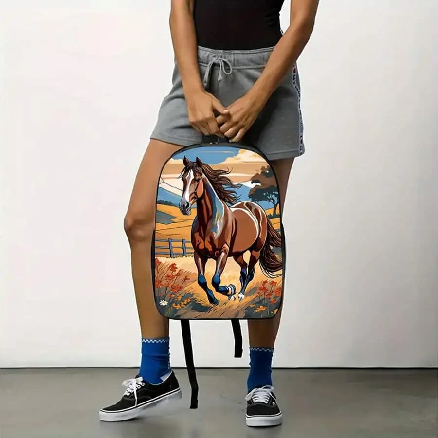 Horse Running Landscape Print Lightweight Backpack With Adjustable Straps And Zipper Closure