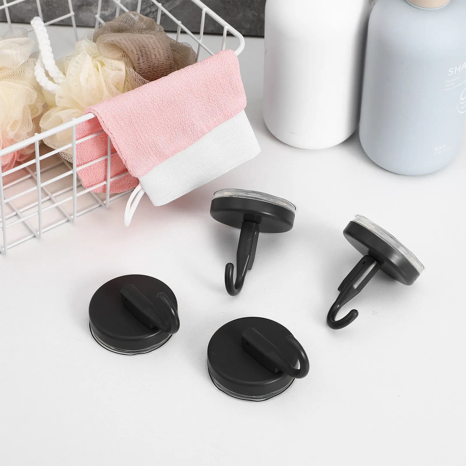 Set di 4 Ganci a Ventosa con Adesivo Forte, Senza Foratura, per Bagno e Cucina, Appendi Asciugamani, Gancio da Parete per Doccia, Organizzatore Resistente