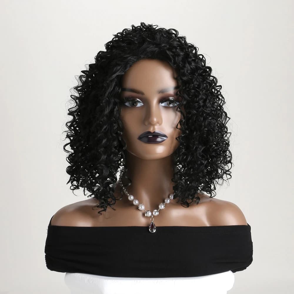 Parrucche Afro Sintetiche Nere Ricci da 12 Pollici per Donne, Parrucca Afroamericana Ondulata con Frangia Laterale, Acconciature Naturali, Sostituzione Completa dei Capelli