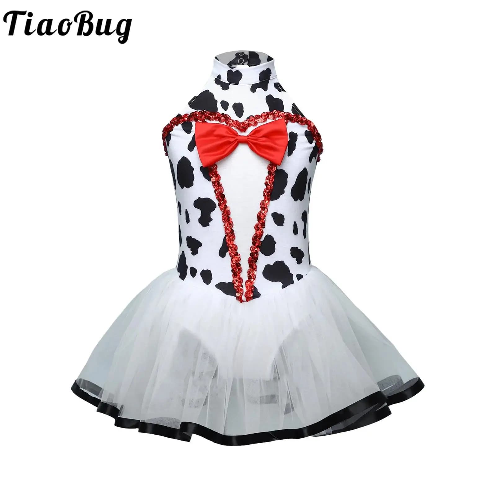Costume da Ballo per Bambine, Abito da Carnevale con Motivo Dalmatino, Senza Maniche, con Paillettes e Rete, per Pattinaggio Artistico e Ginnastica
