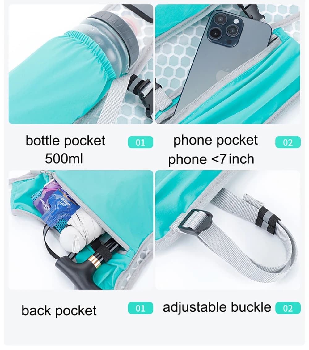 Light running vest with telephone and water backpack for men and women, ideal for hiking, cycling, marathon and other sports.