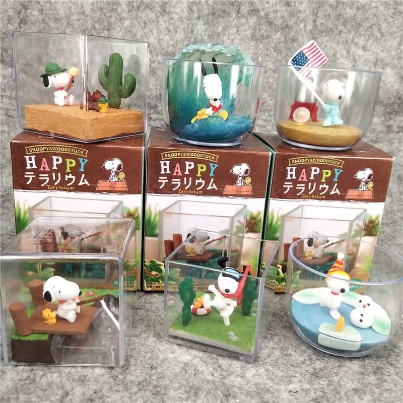 Snoopy Woodstock Happy Time in Terrarium Figures Collect Fishing Surfing Snorkeling Ice Skating Camping Scene Blind Box Toys