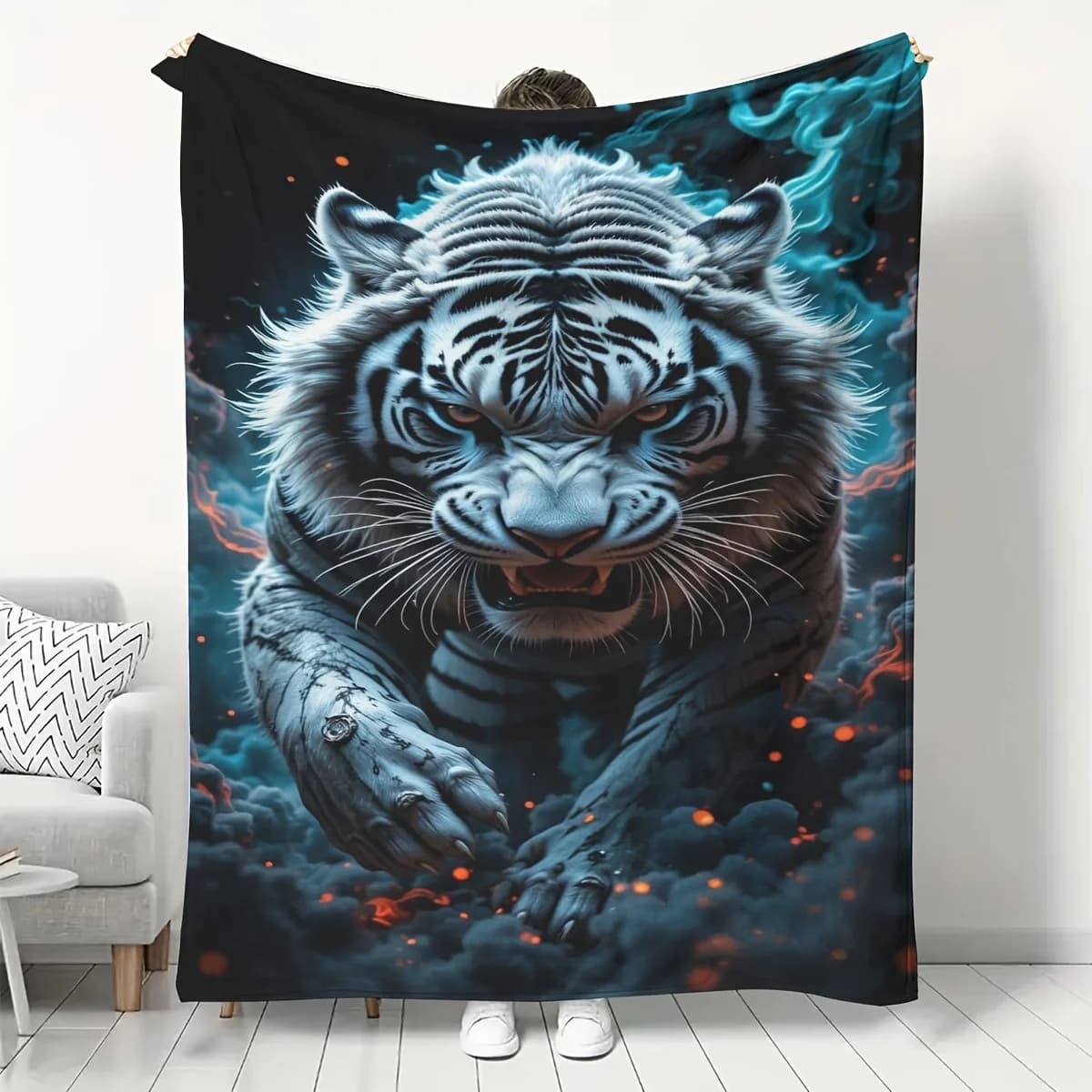 Coperta stampata in flanella con motivo tigre bianca con occhi illuminanti adatta a tutte le stagioni adatta per divani da ufficio e viaggi