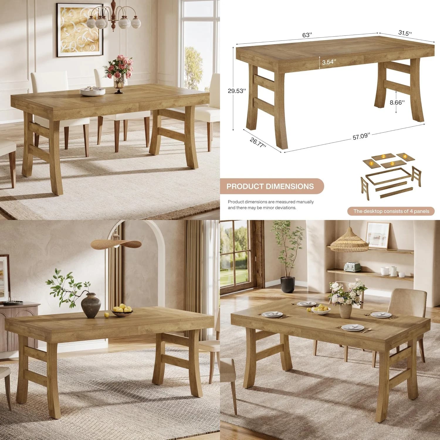 Tavolo da Pranzo Rettangolare da 63 Pollici per 6 Persone, Stile Rustico per Cucina, Gambe Robuste, Marrone Chiaro, Personalizzabile