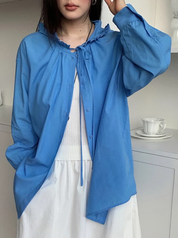 Boran Spring Thin Blue Loose Simple Long Sleeve Hooded Belted Shirt Cardigan Women's 6209 Lightweight Breathable Sun Protection