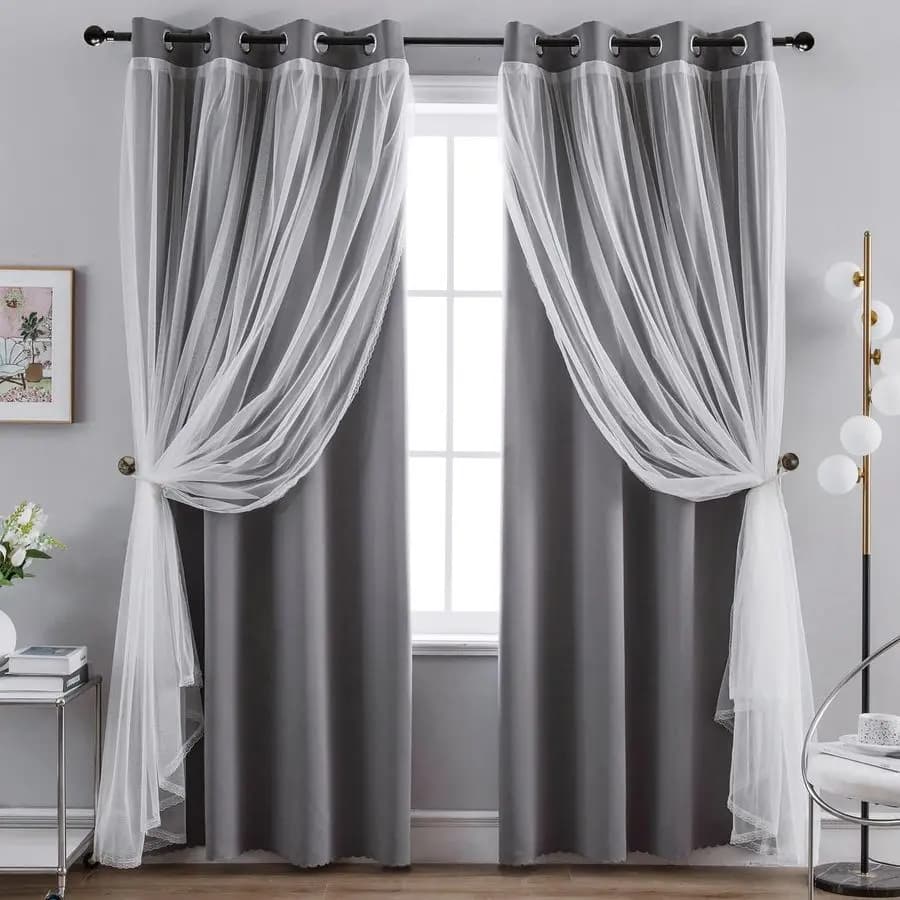 Curtains for home Pair of curtain panels for darkening solid windows and transparent layers with upper cable, 52Wx84L,Grigio