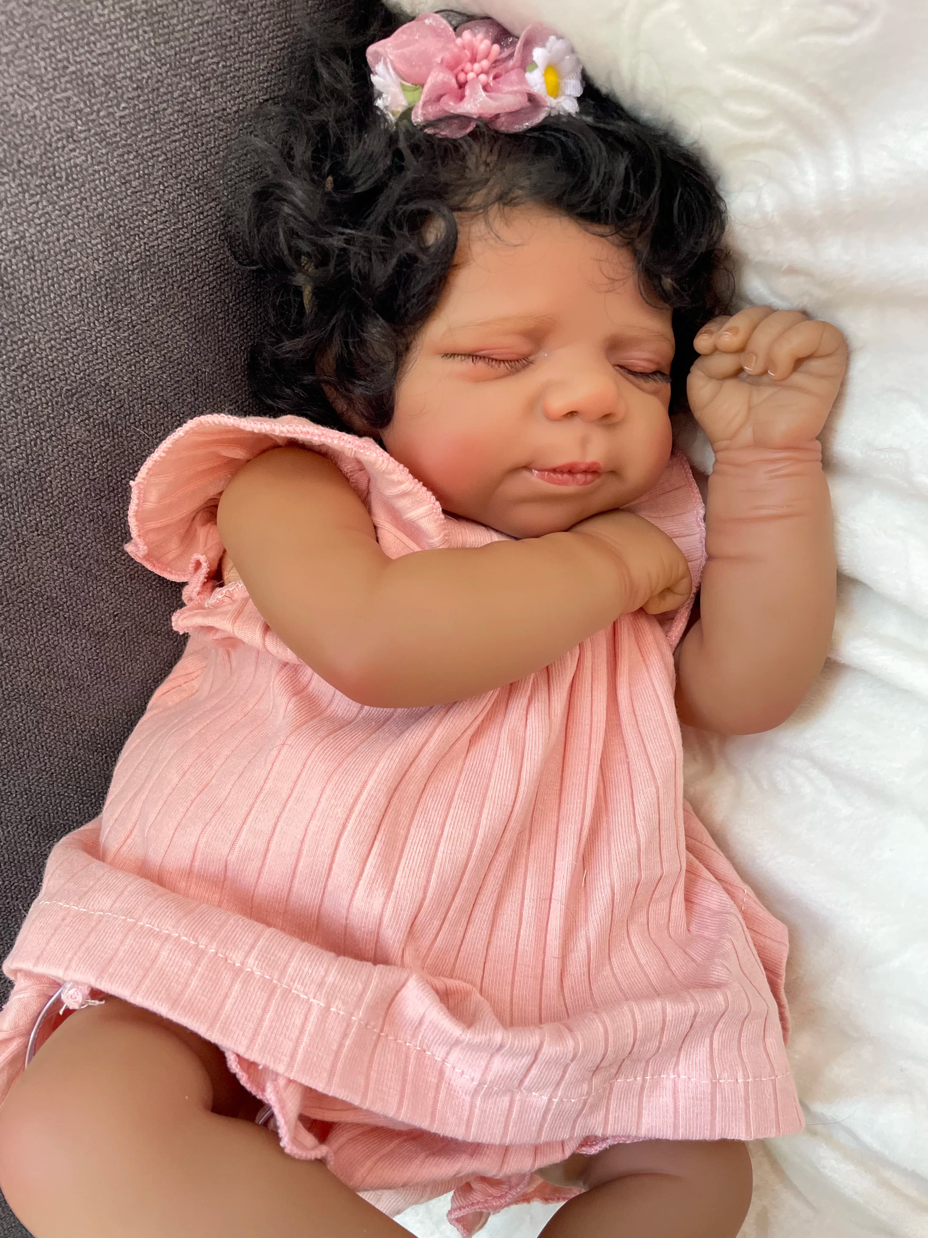 19 inches Pascale Dark Leather Soft Cloth Body Multiple Layers Painting Reborn Sleep Baby Doll 3D leather with hand-rooted curly hair