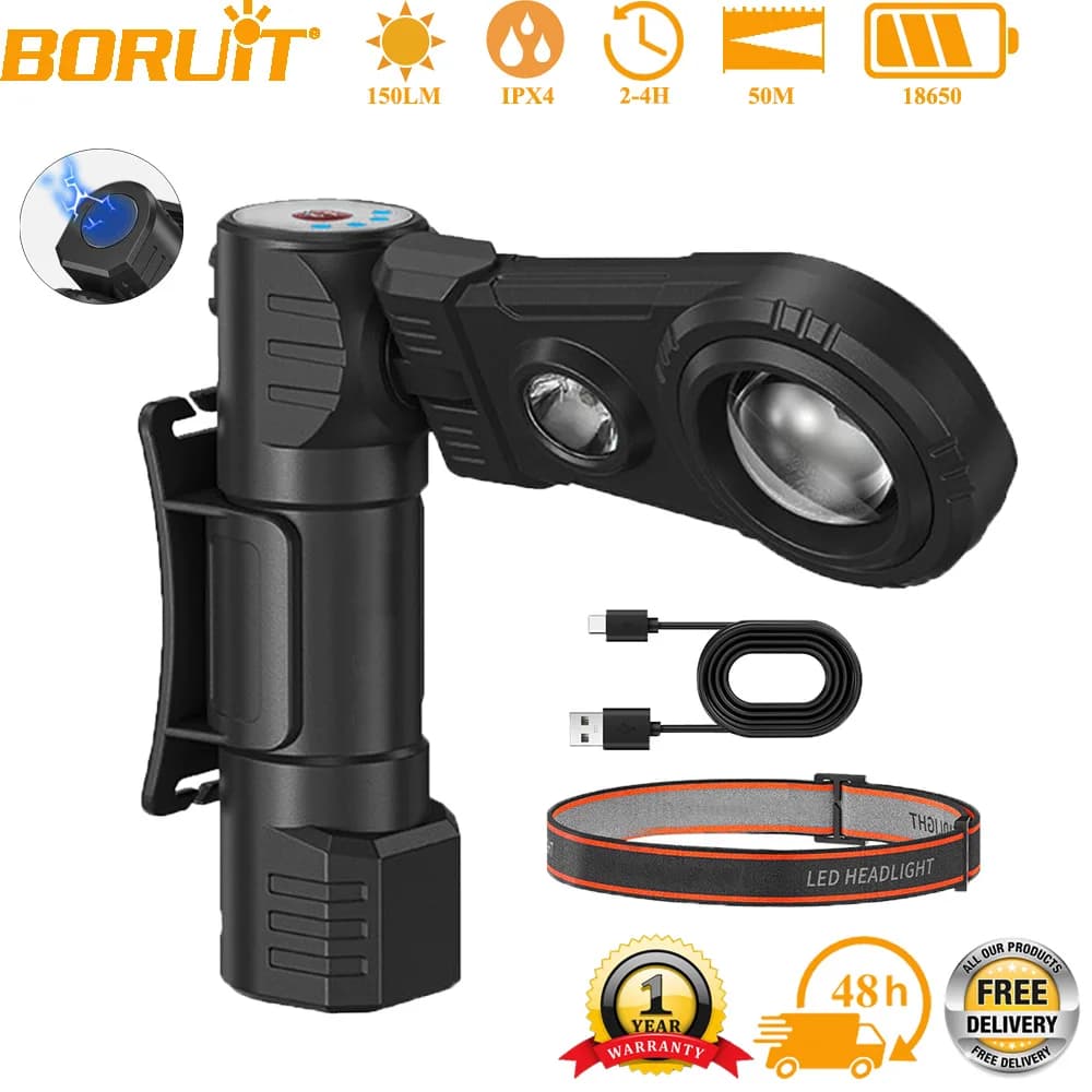 BORUiT LED Front Lamp Ultra Luminosa Rechargeable USB 180 ° Foldable 18650 work flashlight with magnetic emergency lamp for outdoors