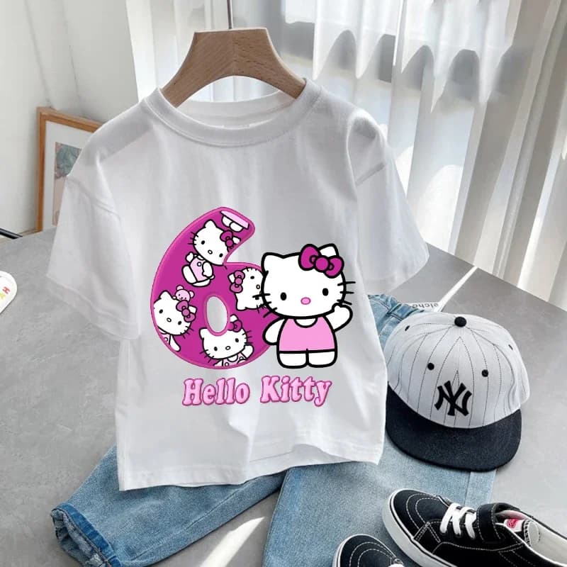 Hello Kitty Children Birthday Number 1-9 T-shirt Party Supply Gift Cartoon Clothes Baby Tops Summer Short Sleeve T-shirts