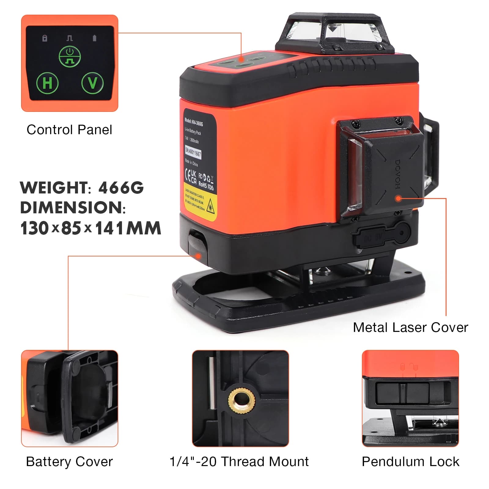 DOVOH laser level 16 4D lines, rotating level, rechargeable automatic leveling instrument, 2*2600mAh battery set with tripod