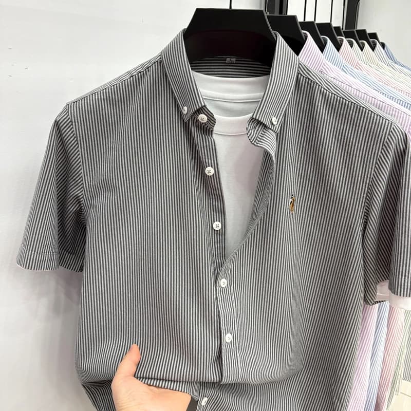 Camicia a Righe Ricamata di Alta Gamma per Uomo, Manica Corta con Colletto, Traspirante, Nuova Giacca Estiva in Puro Cotone