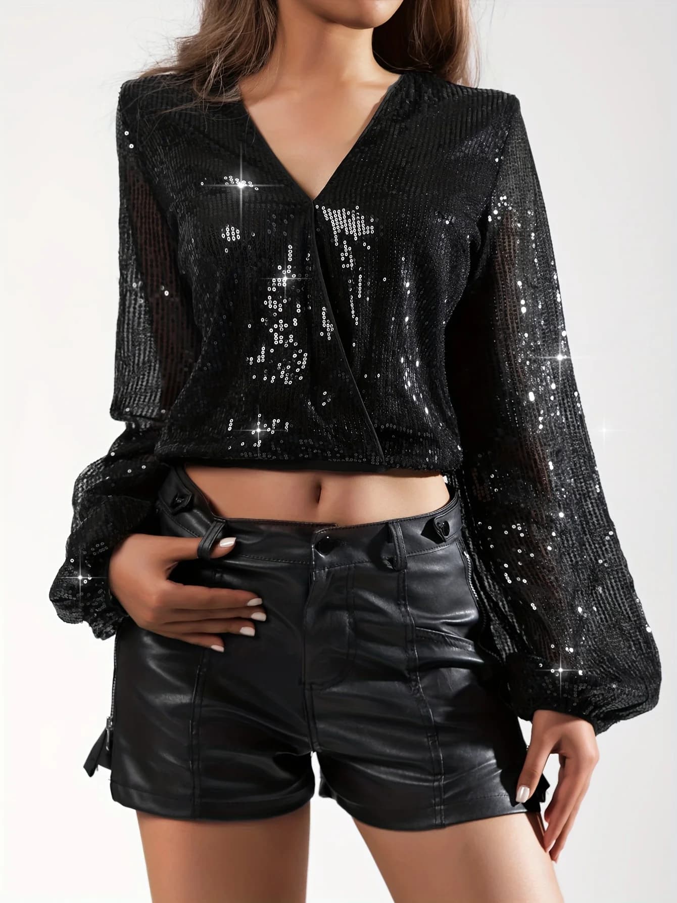 Top e Camicette da Donna, Blusa Elegante Nera con Paillettes, Scollo a V, Maniche Lunghe, Corta per Feste Serali