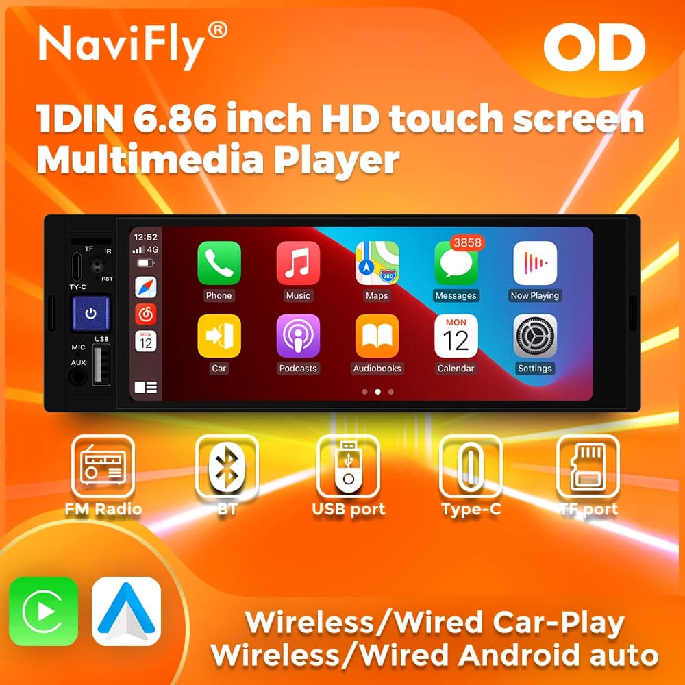 Navifly Universale 1Din Autoradio Stereo 6.86 pollici HD Touch Screen Multimediale Video Lettore MP5 Autoaudio FM BT Carplay Monitor SWC