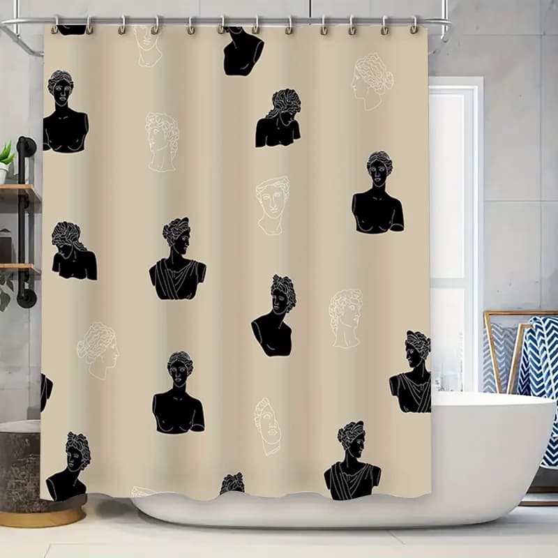 Tende da bagno in stile vintage con statue greche con stampa crema e tenda da doccia nera per l'arredamento del bagno