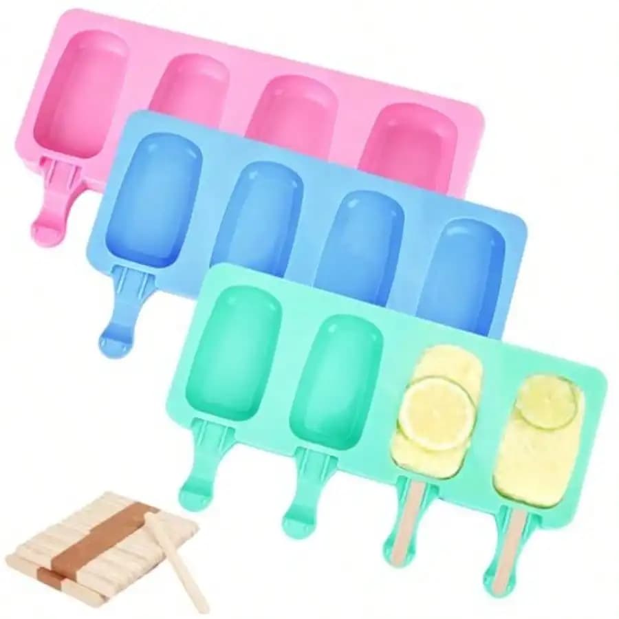 Set di 3 Stampi in Silicone per Ghiaccioli e Gelati, 4 Stampi Ovali per Cake Pop con 50 Bastoncini in Legno, per Ghiaccioli e Cake Pop Fai da Te, Rosa, Blu, Verde