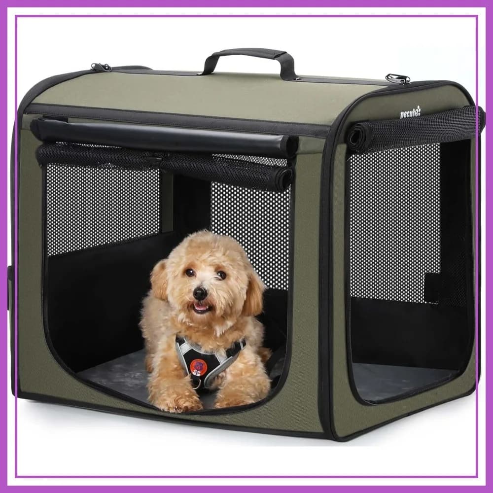 Trasportino Leggero per Cani 24x17.7x20.5in, Facile da Montare, Portatile e Traspirante, Gabbia da Viaggio Pieghevole per Animali con Tenda, Verde