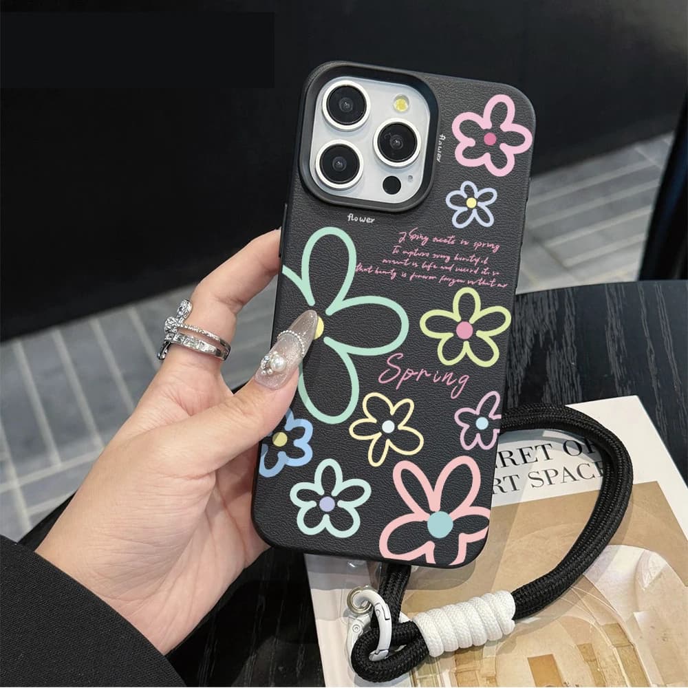 Candy Flowers Hand Wrist Strap Leather Phone Cases For iPhone 17 13 11 12 Pro Max Plus 15 14 16 XR XS 17 Air With Lanyard Cover
